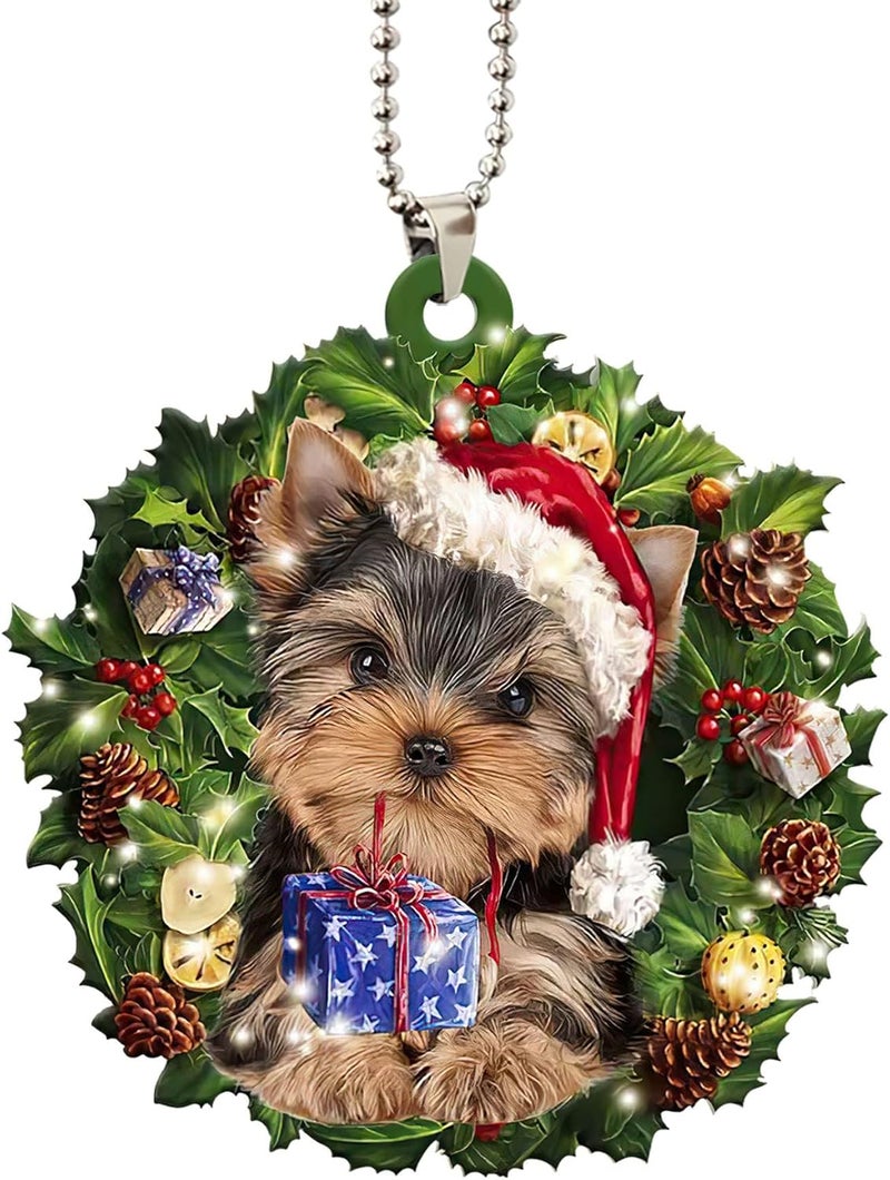 Unifizz Wreath Yorkie Dog Wearing A Christmas Hat 2D Flat Car Rear View Mirror Accessories Hanging Charm Interior Rearview Pendant Decor Gift Christmas Tree Ornament Decoration - Image 1