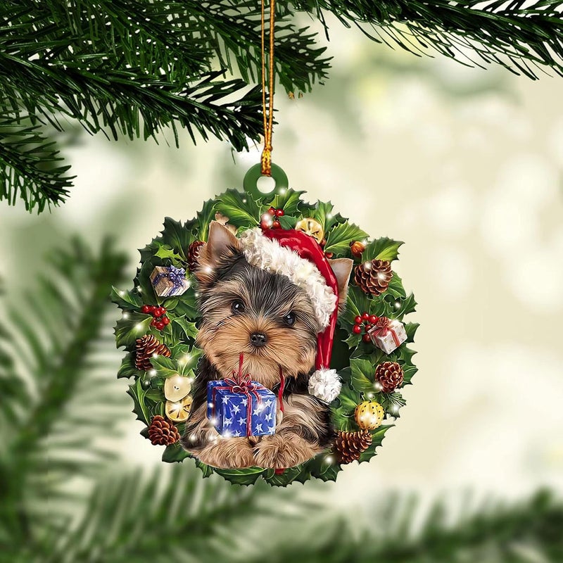 Unifizz Wreath Yorkie Dog Wearing A Christmas Hat 2D Flat Car Rear View Mirror Accessories Hanging Charm Interior Rearview Pendant Decor Gift Christmas Tree Ornament Decoration - Image 2