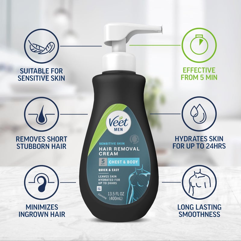 Veet Hair Removal Cream For Men, 5 Min Sensitive Skin, Hair Removal Gel For Body, Chest & Back, Dermatologically Tested, 13.5 FL OZ w/ Spatula - Image 4