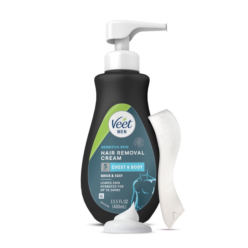 Veet Hair Removal Cream For Men, 5 Min Sensitive Skin, Hair Removal Gel For Body, Chest & Back, Dermatologically Tested, 13.5 FL OZ w/ Spatula - Image 1