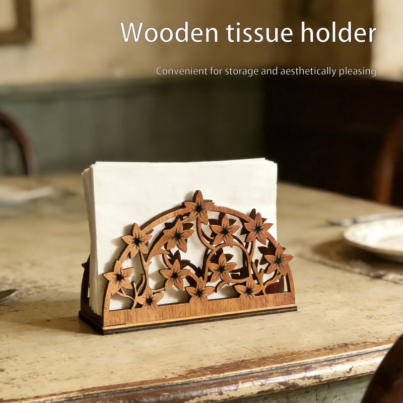 Charming Floral Tissue Holder Stylish Storage Option For Kitchen Bathroom And Living Room Wood Color Finish - Image 1