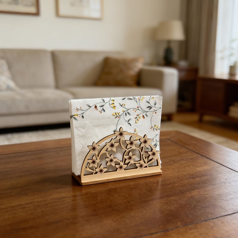 Charming Floral Tissue Holder Stylish Storage Option For Kitchen Bathroom And Living Room Wood Color Finish - Image 5