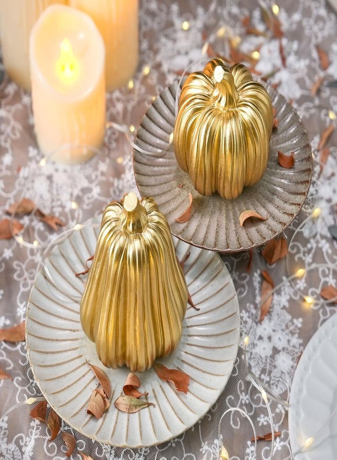 FESTGLOX Gold Pumpkin Decor with Stripes, 2Pcs Resin Pumpkins for Decorating, Decorative Pumpkins for Fall Tabletop Decoration, Indoor Home, Autumn Kitchen, Thanksgiving Mantel Decor - Image 3