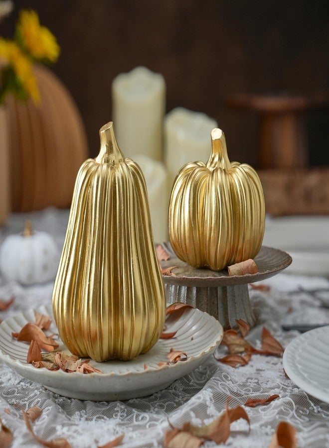 FESTGLOX Gold Pumpkin Decor with Stripes, 2Pcs Resin Pumpkins for Decorating, Decorative Pumpkins for Fall Tabletop Decoration, Indoor Home, Autumn Kitchen, Thanksgiving Mantel Decor - Image 2
