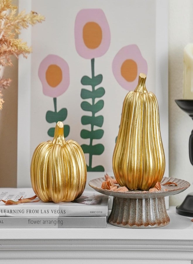 FESTGLOX Gold Pumpkin Decor with Stripes, 2Pcs Resin Pumpkins for Decorating, Decorative Pumpkins for Fall Tabletop Decoration, Indoor Home, Autumn Kitchen, Thanksgiving Mantel Decor - Image 5