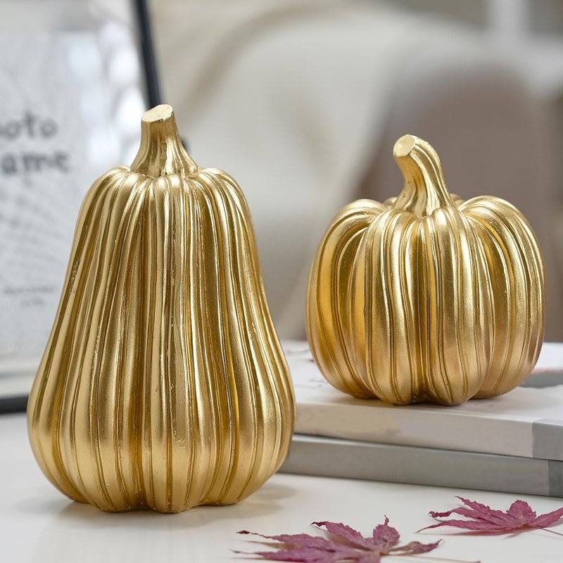 FESTGLOX Gold Pumpkin Decor with Stripes, 2Pcs Resin Pumpkins for Decorating, Decorative Pumpkins for Fall Tabletop Decoration, Indoor Home, Autumn Kitchen, Thanksgiving Mantel Decor - Image 1