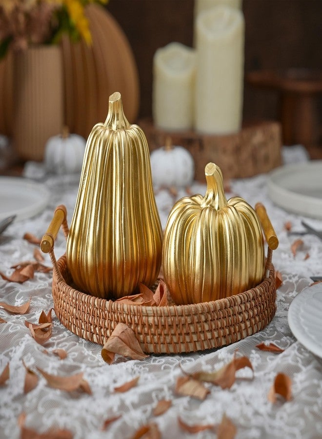 FESTGLOX Gold Pumpkin Decor with Stripes, 2Pcs Resin Pumpkins for Decorating, Decorative Pumpkins for Fall Tabletop Decoration, Indoor Home, Autumn Kitchen, Thanksgiving Mantel Decor - Image 4