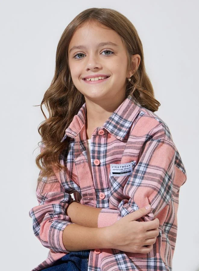 Styli Girls Pink Checked Pocket Detail Oversized Shirt