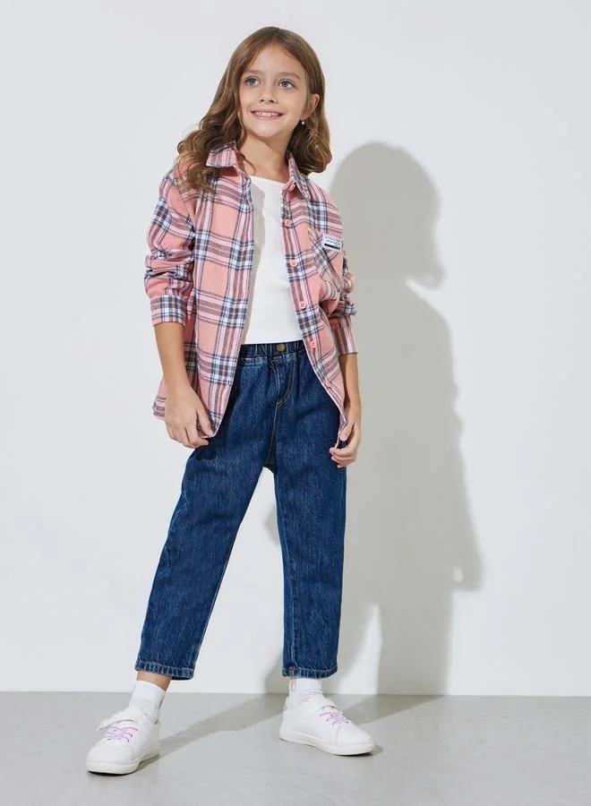 Styli Girls Pink Checked Pocket Detail Oversized Shirt