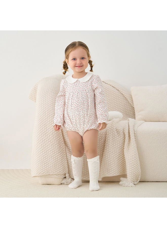 PureBorn Baby Girls Bodysuit Peter Pan Collar Bubble Romper Long Sleeve One-Piece Cotton Outfit Pink Flower 12-18 Months - Image 2