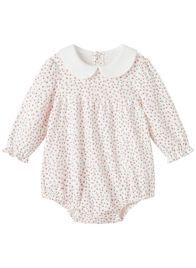 PureBorn Baby Girls Bodysuit Peter Pan Collar Bubble Romper Long Sleeve One-Piece Cotton Outfit Pink Flower 12-18 Months - Image 1