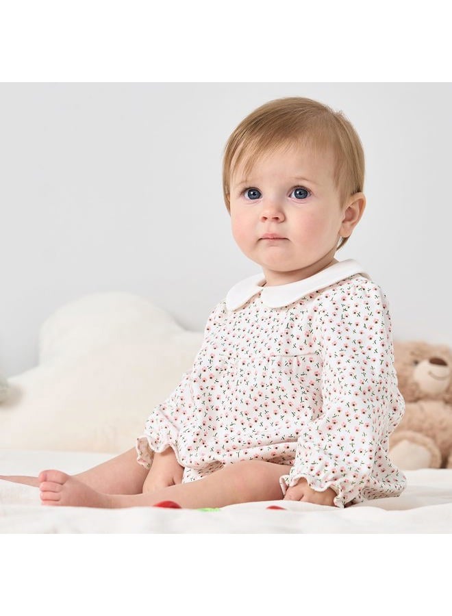 PureBorn Baby Girls Bodysuit Peter Pan Collar Bubble Romper Long Sleeve One-Piece Cotton Outfit Pink Flower 12-18 Months - Image 3
