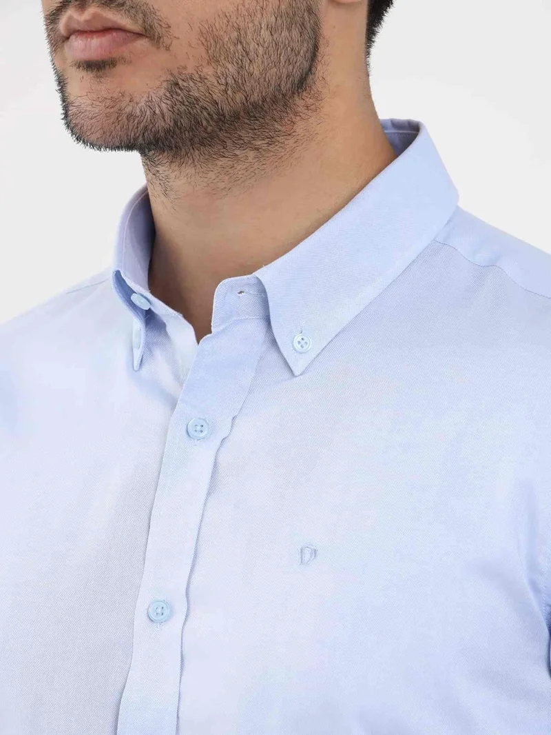 دوفي Blue Men's Slim Fit Plain Brent Button Collar Long Sleeve Shirt - 104329