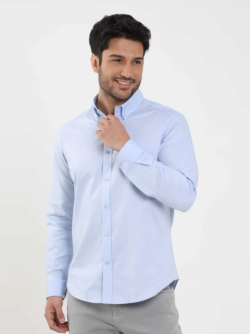 دوفي Blue Men's Slim Fit Plain Brent Button Collar Long Sleeve Shirt - 104329