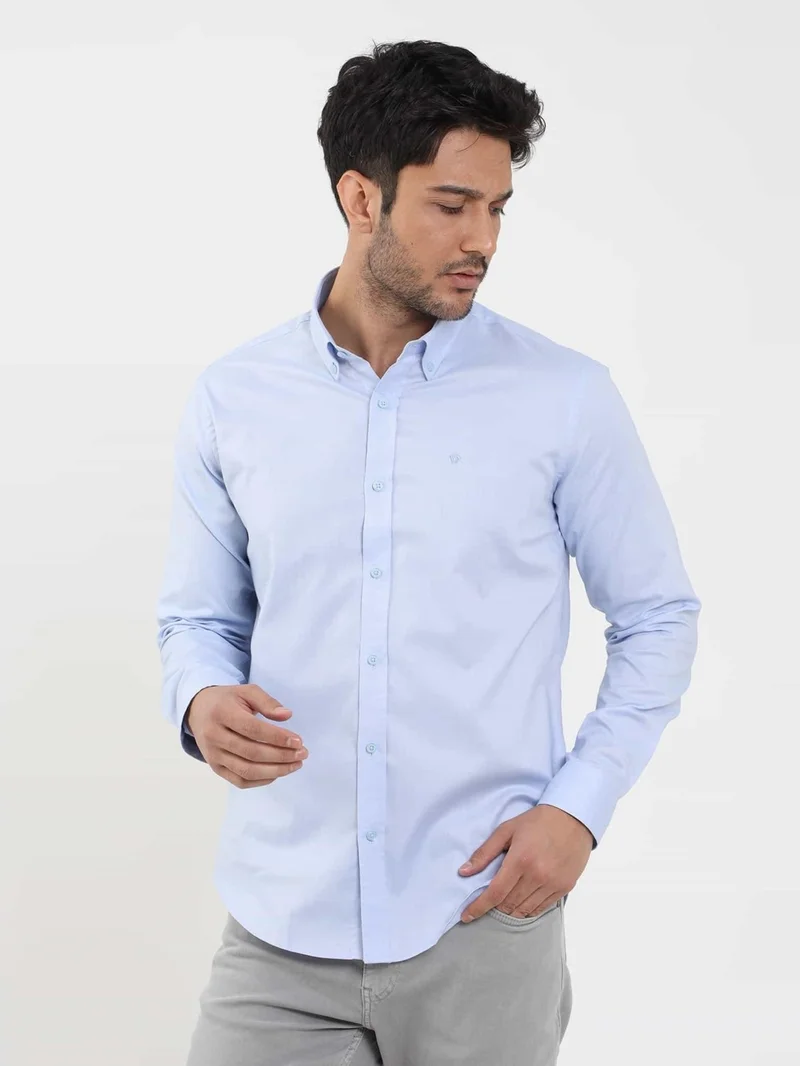 دوفي Blue Men's Slim Fit Plain Brent Button Collar Long Sleeve Shirt - 104329