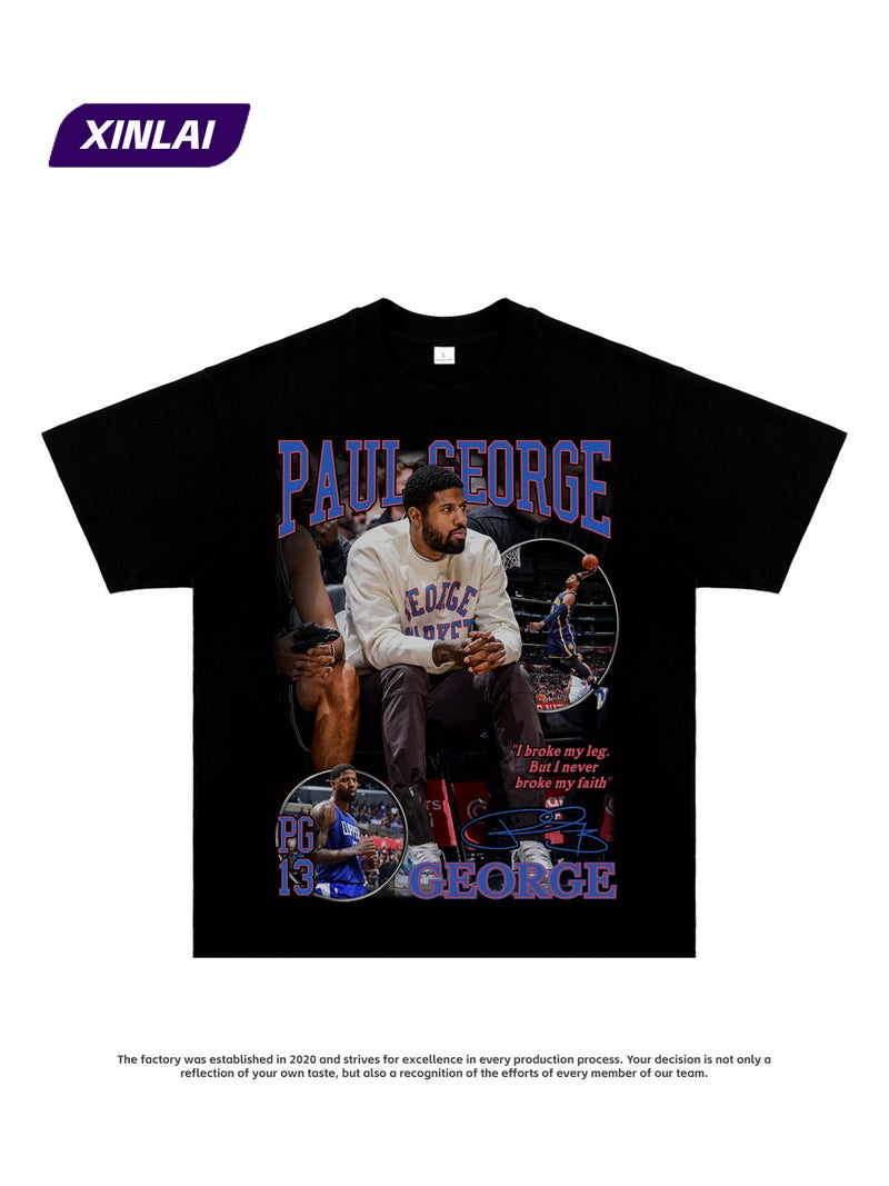 American Print Clippers Paul George Retro Short Sleeve Casual Hip Hop Sports Heavy Cotton T-shirt vintage - Image 3