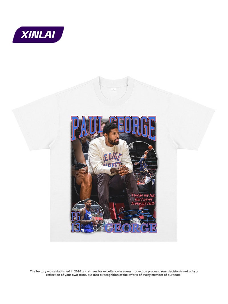 American Print Clippers Paul George Retro Short Sleeve Casual Hip Hop Sports Heavy Cotton T-shirt vintage - Image 4