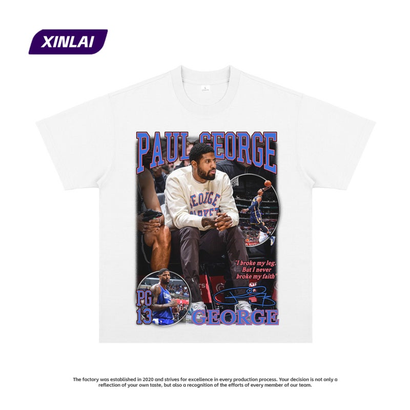 American Print Clippers Paul George Retro Short Sleeve Casual Hip Hop Sports Heavy Cotton T-shirt vintage - Image 1