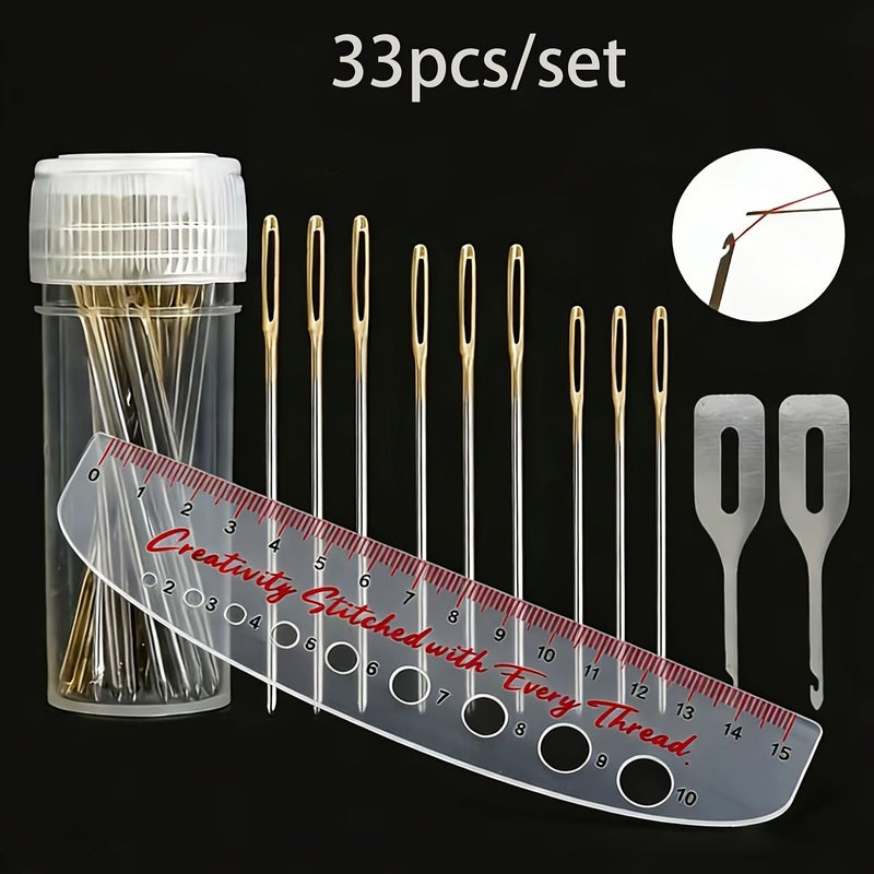 33 Pieces Stainless Steel Hand Sewing Needles Kit With Threaders And Gauge Ruler - Image 1