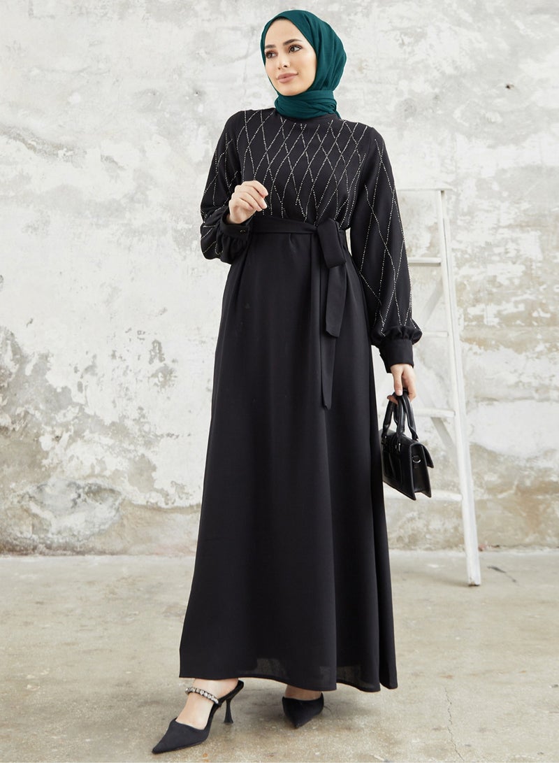 Elegant, beautiful and classy Muslim dress, women's jalabiya and abaya, suitable for various occasions, decorated with satin and with a belt  - Image 1