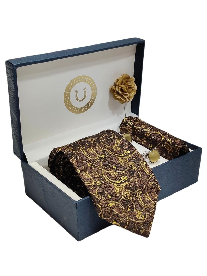 BLACKSMITH Jacquard Golden Ember Paisley Tie and Pocket Square Set with Cufflink and Matching Flower Lapel Pin | for Men & Women | Pack of 4 - Image 2