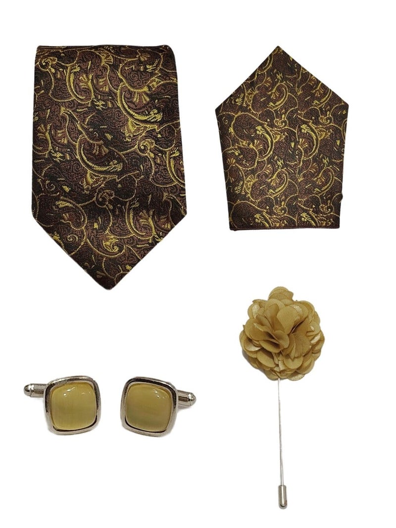 BLACKSMITH Jacquard Golden Ember Paisley Tie and Pocket Square Set with Cufflink and Matching Flower Lapel Pin | for Men & Women | Pack of 4 - Image 1