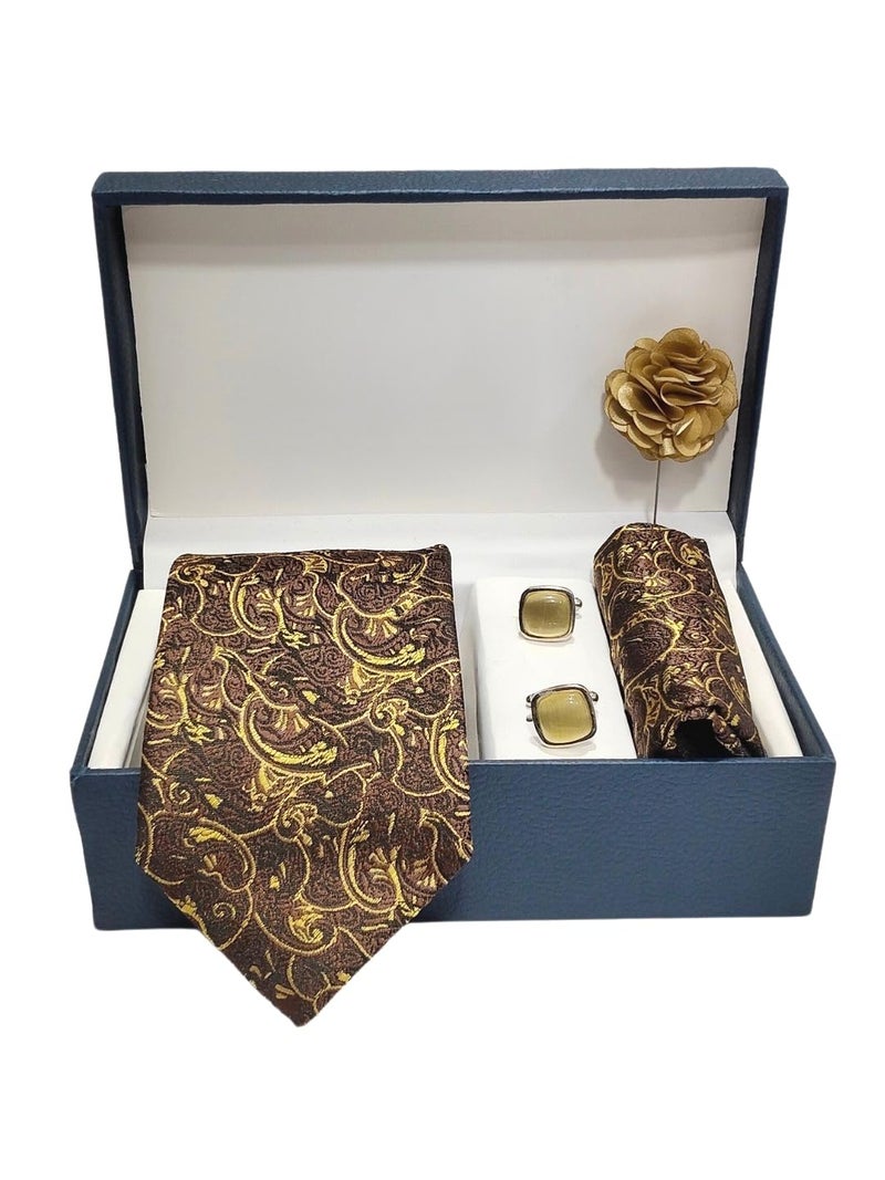 BLACKSMITH Jacquard Golden Ember Paisley Tie and Pocket Square Set with Cufflink and Matching Flower Lapel Pin | for Men & Women | Pack of 4 - Image 4
