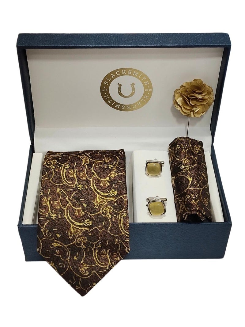 BLACKSMITH Jacquard Golden Ember Paisley Tie and Pocket Square Set with Cufflink and Matching Flower Lapel Pin | for Men & Women | Pack of 4 - Image 3