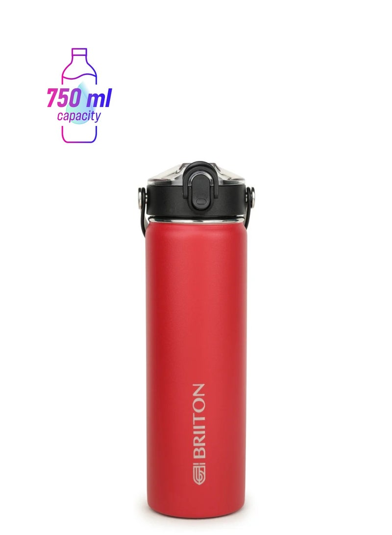 Briiton Nero 750ml Red Stainless Steel Water Bottle |Copper Coated Vacuum Insulation|Food Grade Stainless Steel | Powder Coated | Secure Grip Leakproof Easy Pour Cap |Hot & Cold Thermo Flask| Aqua Hydro  - Image 1