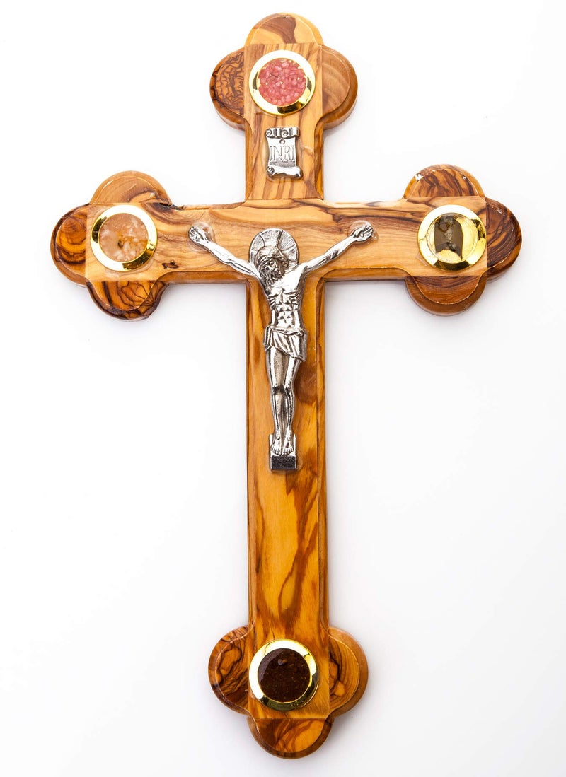 Jerusalem Olive Wood 7" Cross 14 Stations Crucifix from Bethehem with Holy Land Essences