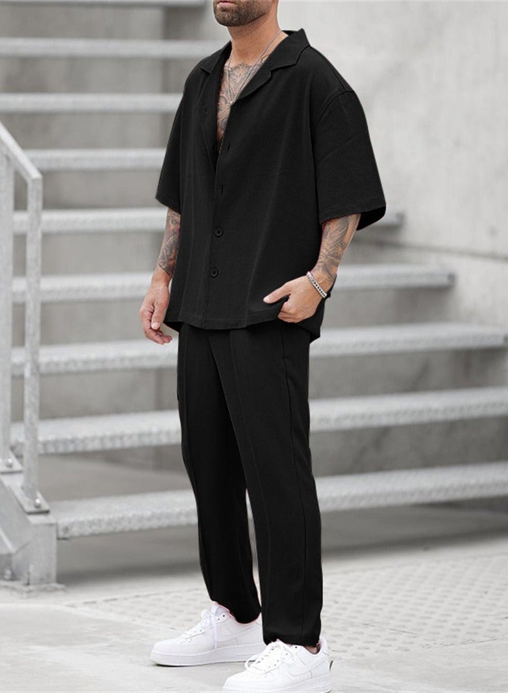 2pcs Summer Fashion Shirt Casual Pants Men's Slim Fit New Style Trendy Solid Color Fashion Suit - Image 2