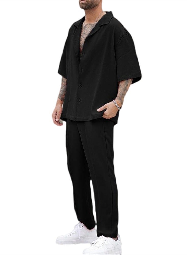 2pcs Summer Fashion Shirt Casual Pants Men's Slim Fit New Style Trendy Solid Color Fashion Suit - Image 1