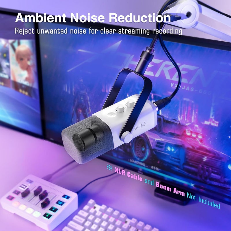 FIFINE XLR/USB Gaming Microphone for Streaming Podcasting, PC Computer RGB Mic, with Gain Knob, Mic Mute, Monitoring Jack, Gamer Mic for Recording Video Creation-AmpliGame AM8 White - Image 5