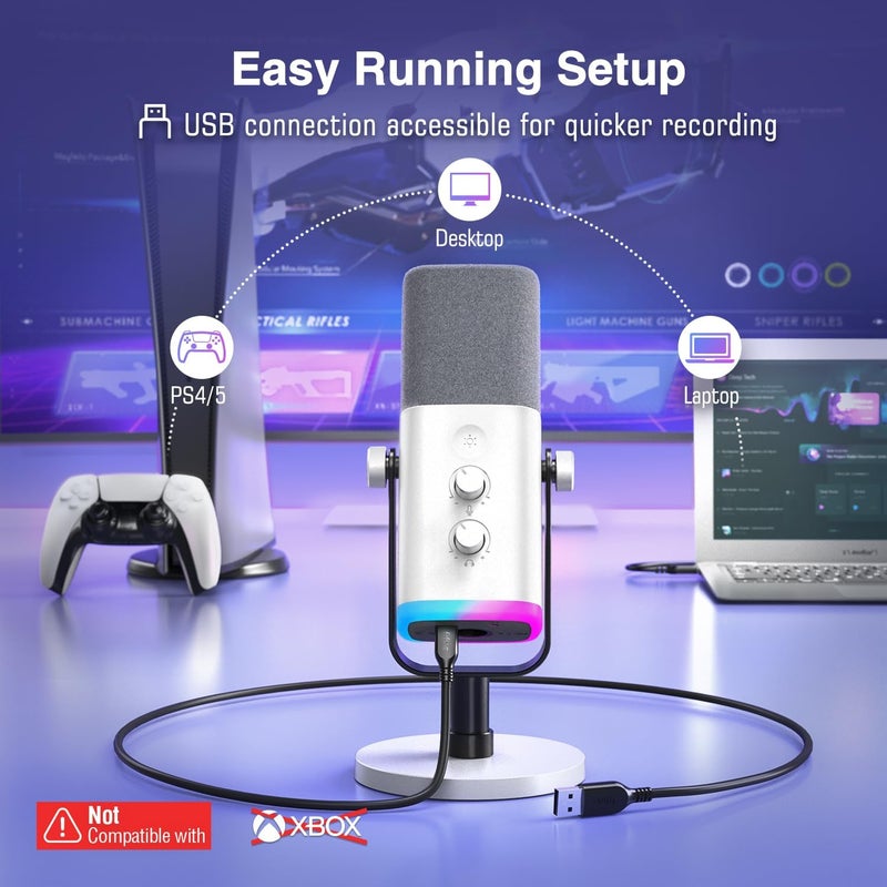 FIFINE XLR/USB Gaming Microphone for Streaming Podcasting, PC Computer RGB Mic, with Gain Knob, Mic Mute, Monitoring Jack, Gamer Mic for Recording Video Creation-AmpliGame AM8 White - Image 2