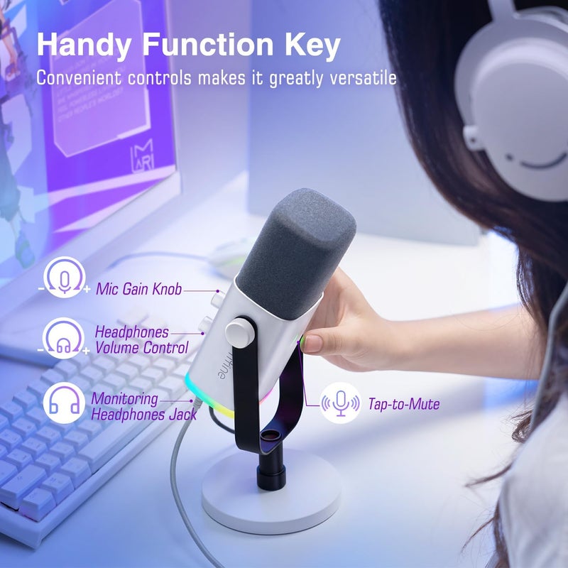 FIFINE XLR/USB Gaming Microphone for Streaming Podcasting, PC Computer RGB Mic, with Gain Knob, Mic Mute, Monitoring Jack, Gamer Mic for Recording Video Creation-AmpliGame AM8 White - Image 4