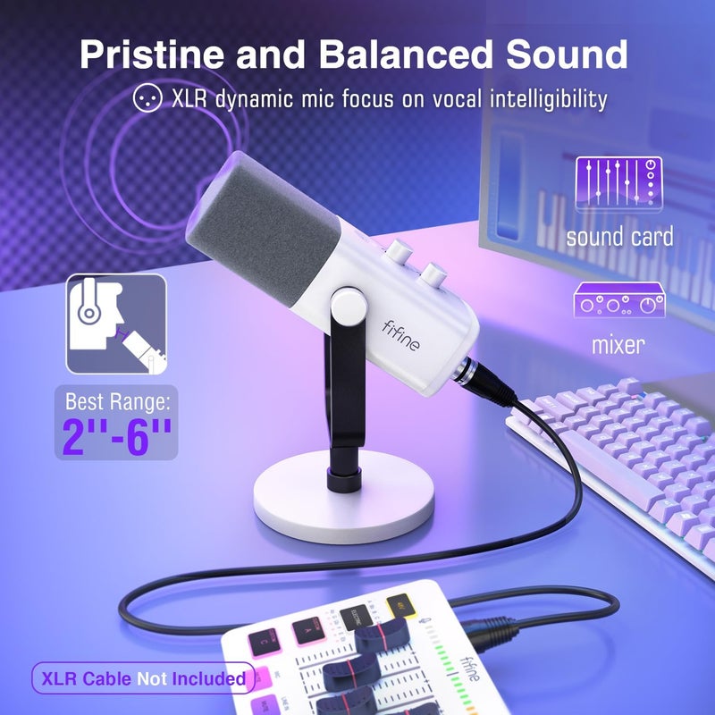 FIFINE XLR/USB Gaming Microphone for Streaming Podcasting, PC Computer RGB Mic, with Gain Knob, Mic Mute, Monitoring Jack, Gamer Mic for Recording Video Creation-AmpliGame AM8 White - Image 1