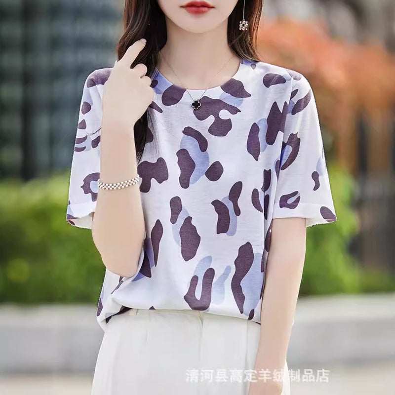 There Is Always A Suitable One-Summer Classic Joker Mulberry Silk Various Printed Pattern Round Neck Short Sleeve T-Shirt - Image 1