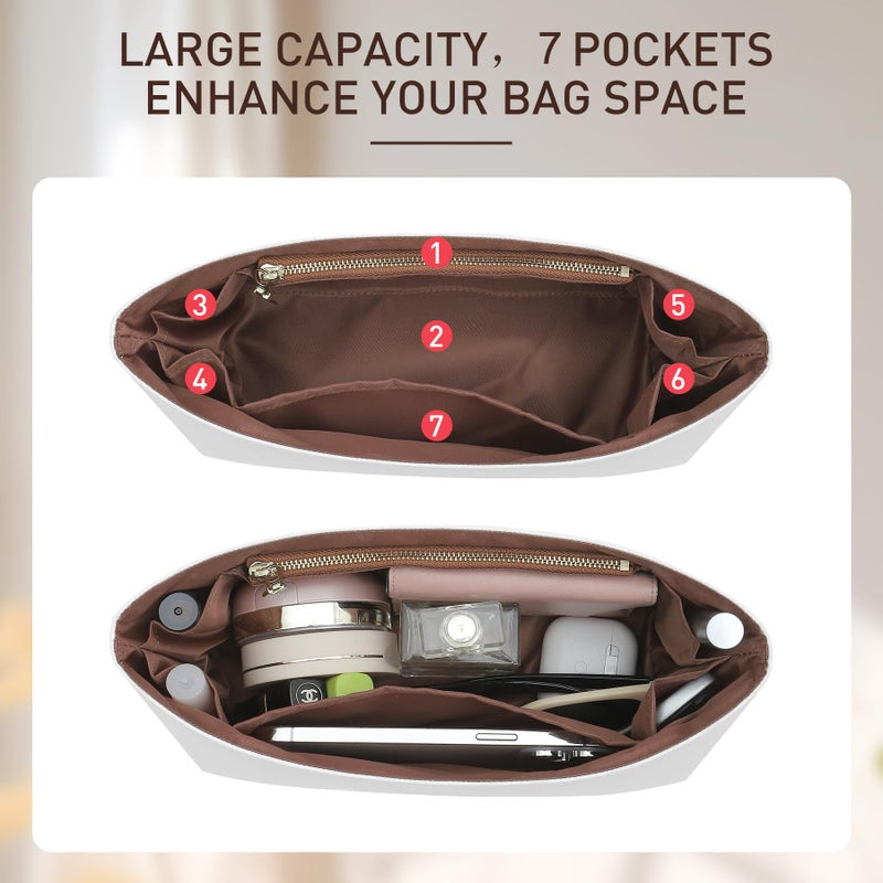 Doxo Purse Organizer Insert Compatible with Coach Brooklyn 28 Bag Insert, Soft Lightweight WaterResistant DupontPaper Divider for Tote Handbag Shaper, 7 Pockets with Zipper(White-Brown) - Image 4