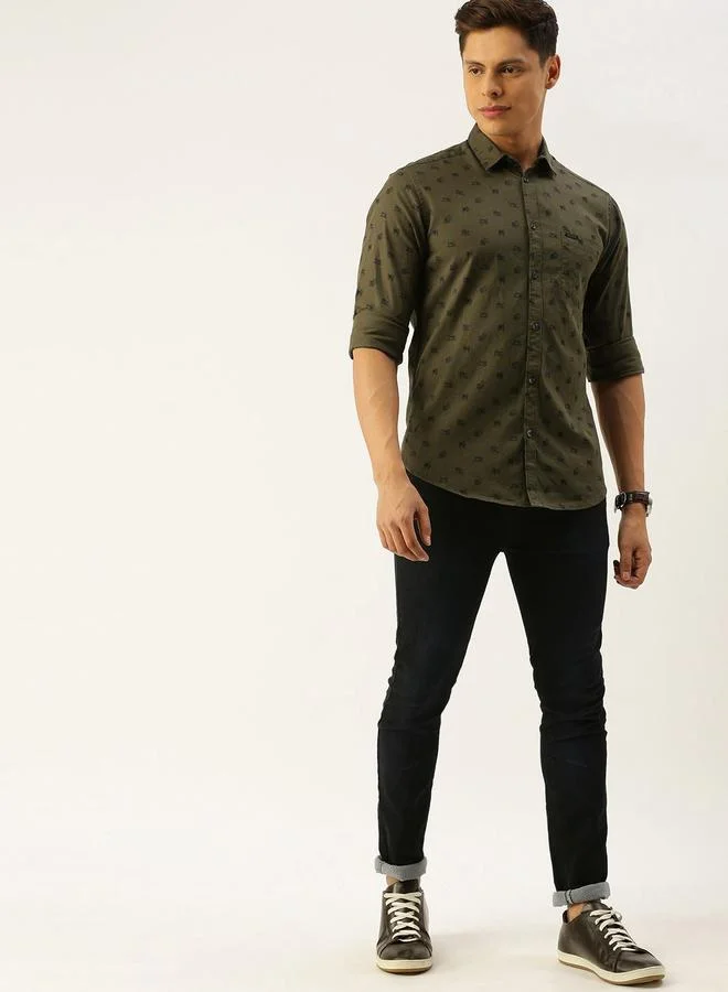 The Indian Garage Co  Olive Graphic Print Slim Fit Shirt for Men | Best Price UAE