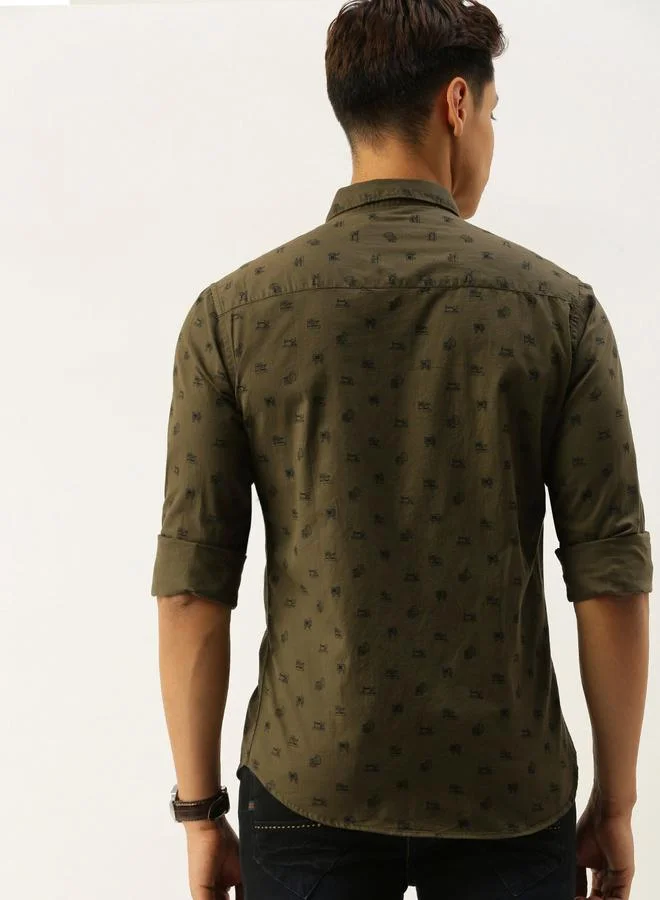 The Indian Garage Co  Olive Graphic Print Slim Fit Shirt for Men | Best Price UAE