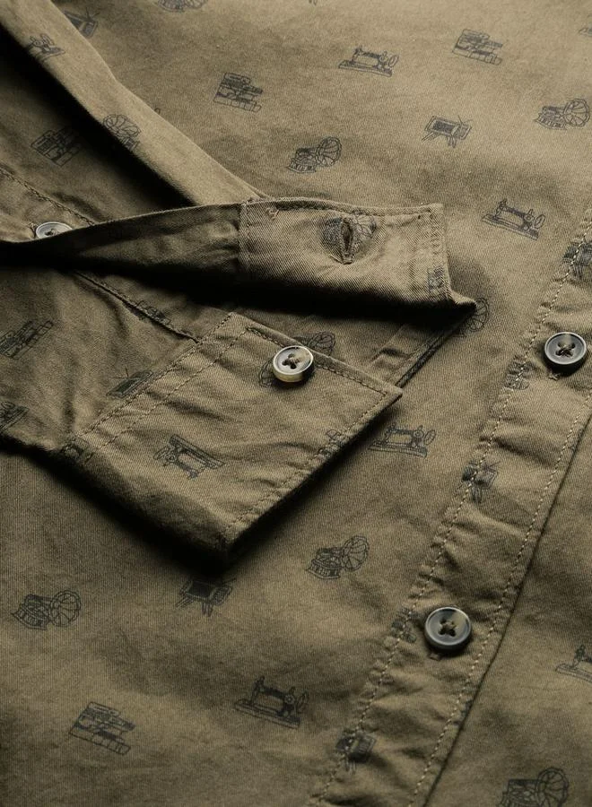 The Indian Garage Co  Olive Graphic Print Slim Fit Shirt for Men | Best Price UAE