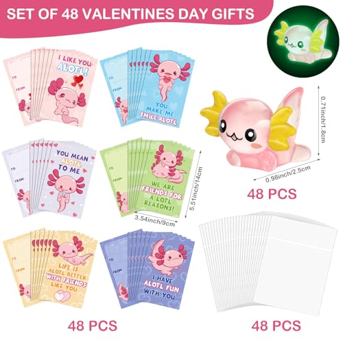 DoubleFill 48 Sets Valentine Axolotl Gifts Sets for Class Axolotl Cards with Mini Toys Glow in The Dark Small Figurines for Valentine School Classroom Exchange Gift Party Favors - Image 5