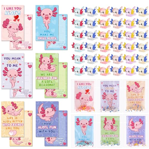 DoubleFill 48 Sets Valentine Axolotl Gifts Sets for Class Axolotl Cards with Mini Toys Glow in The Dark Small Figurines for Valentine School Classroom Exchange Gift Party Favors - Image 1