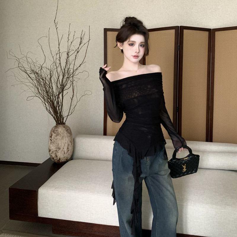 Shoulder Mesh Long-sleeved Sunscreen T-shirt Women's Autumn Slim-fit Strap Irregular Sweet Spice Girl Tight Short Top - Image 3