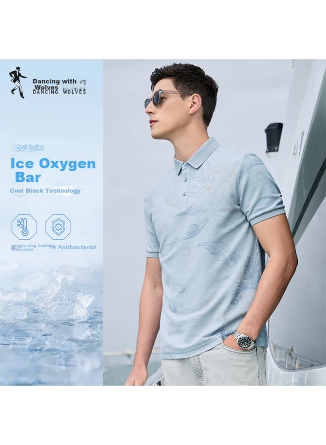 Dancing Wolves Ice Oxygen Bar 7a Antibacterial Printed Men's Polo Shirt With Cooling Sensation, Light Blue, Size L - Image 1