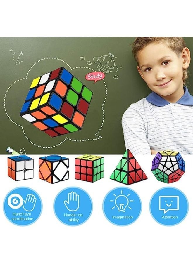 null - 5 Pieces Easy Turning & Smooth Play Magic Bundle Rubik's Speed Cube Set - 2x2x2 3x3x3 Pyramid Megaminx Skew Cube Smooth Sticker Cubes Collection Puzzle Cube Toy Gift for Children and Adults - Image 1