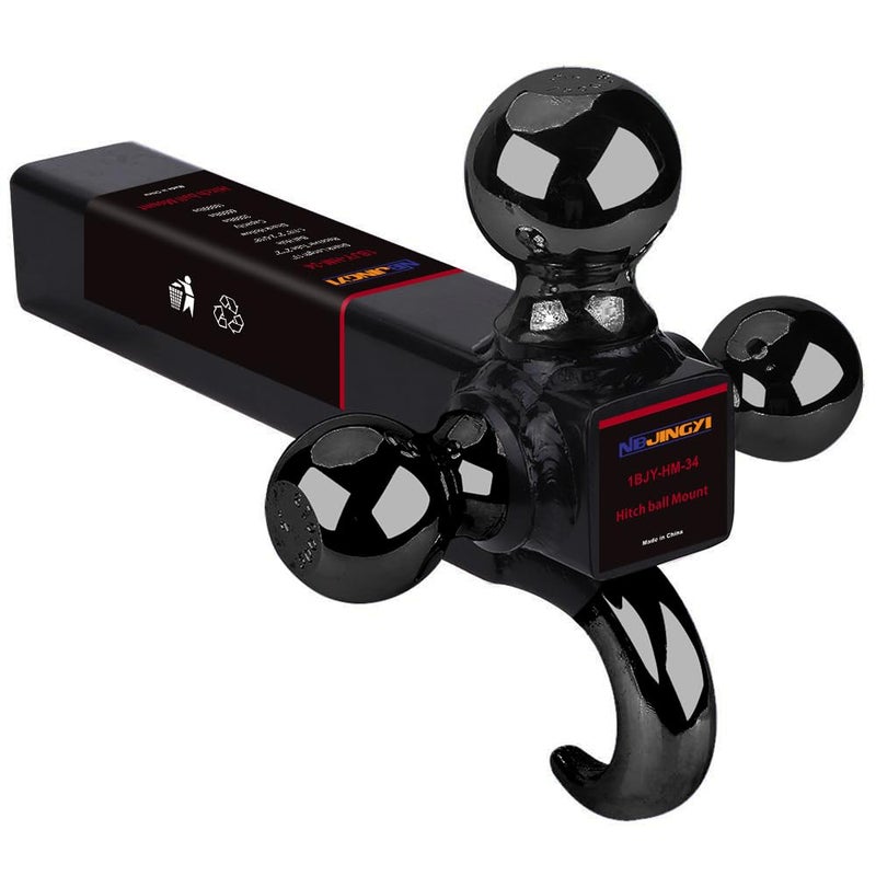 NBJINGYI 2 Trailer Hitch Tri Ball Mount with Hook 178 2 2516 Black Plated Balls and Hook