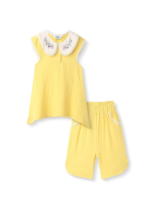 Nautinati Girls’ Cotton Top and Shorts Set|Embroidery Detail | Peter Pan Collar | 0-2 Years - Image 1