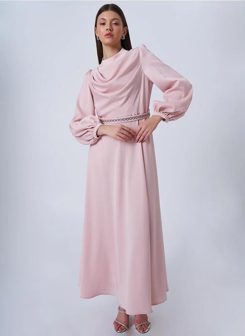 Kayra Drape Collar Satin Dress Powder Pink