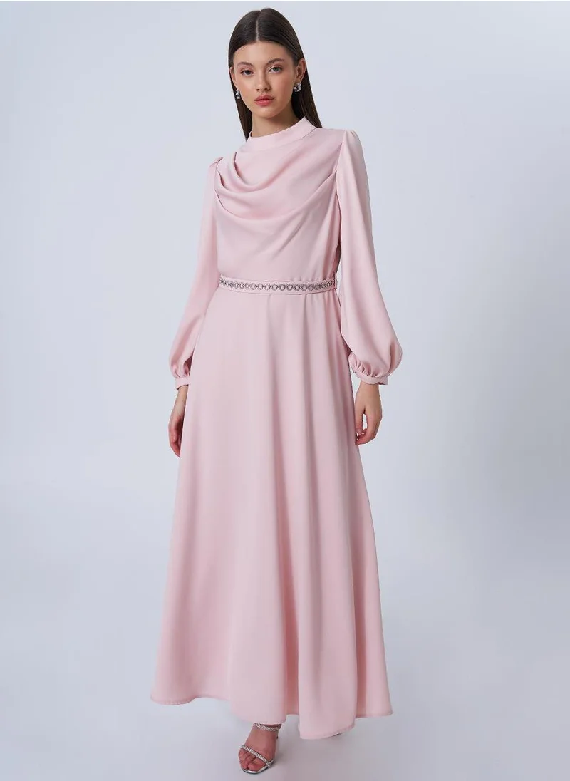 Kayra Drape Collar Satin Dress Powder Pink